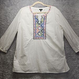 Talbots Womens White Embroidered Blouse XL Boho Colorful Beaded